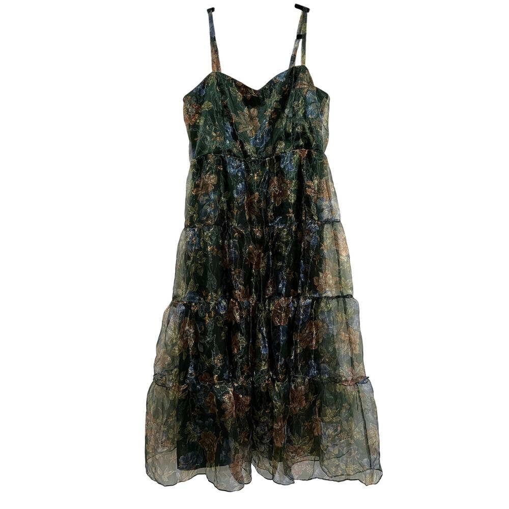 NEW Lulus Exclusive Glamour Green Floral Organza Tiered Maxi Dress Size 2X Boho - Picture 4 of 12